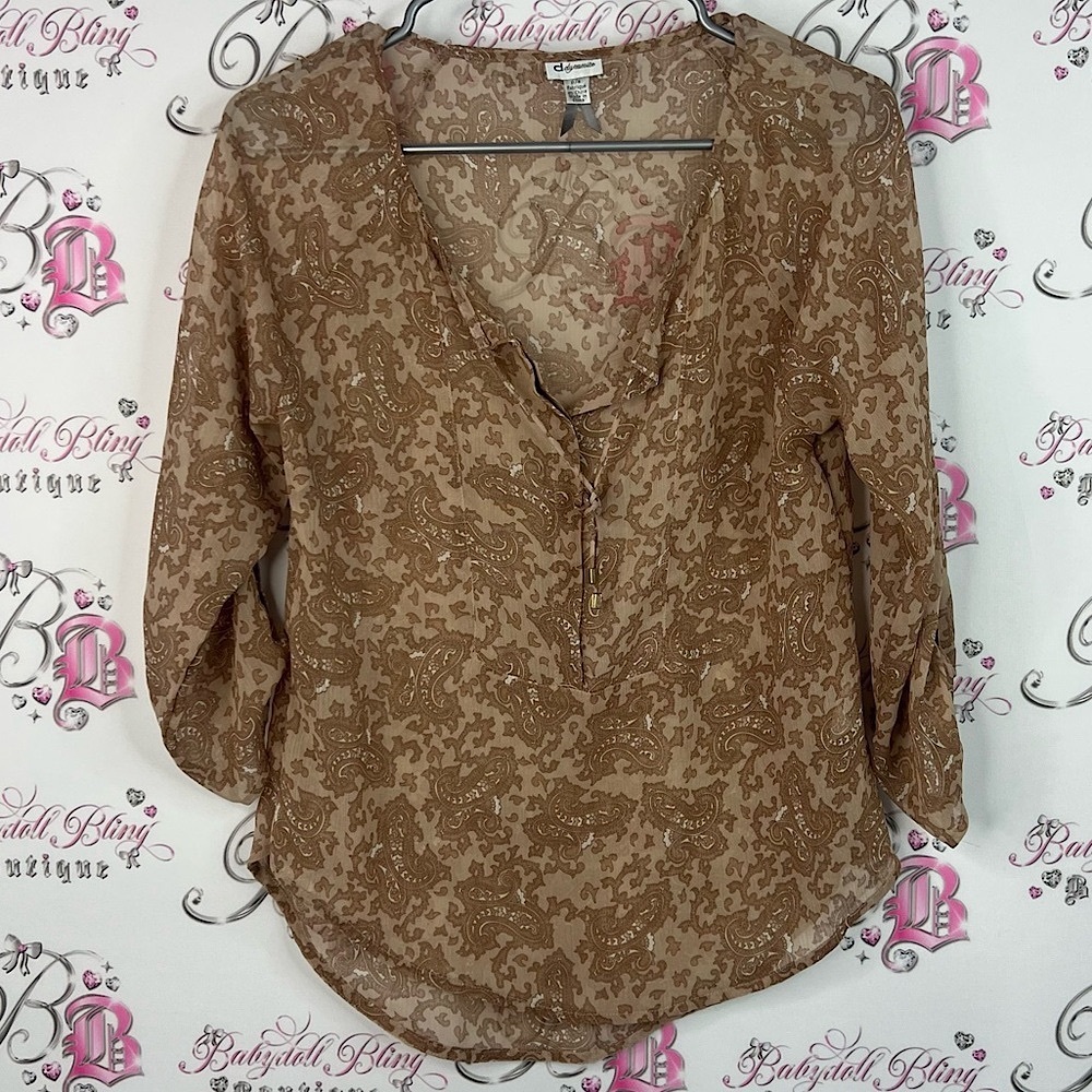 Dynamite blouse paisley brown button up sheer style Tan Patterned Blouse